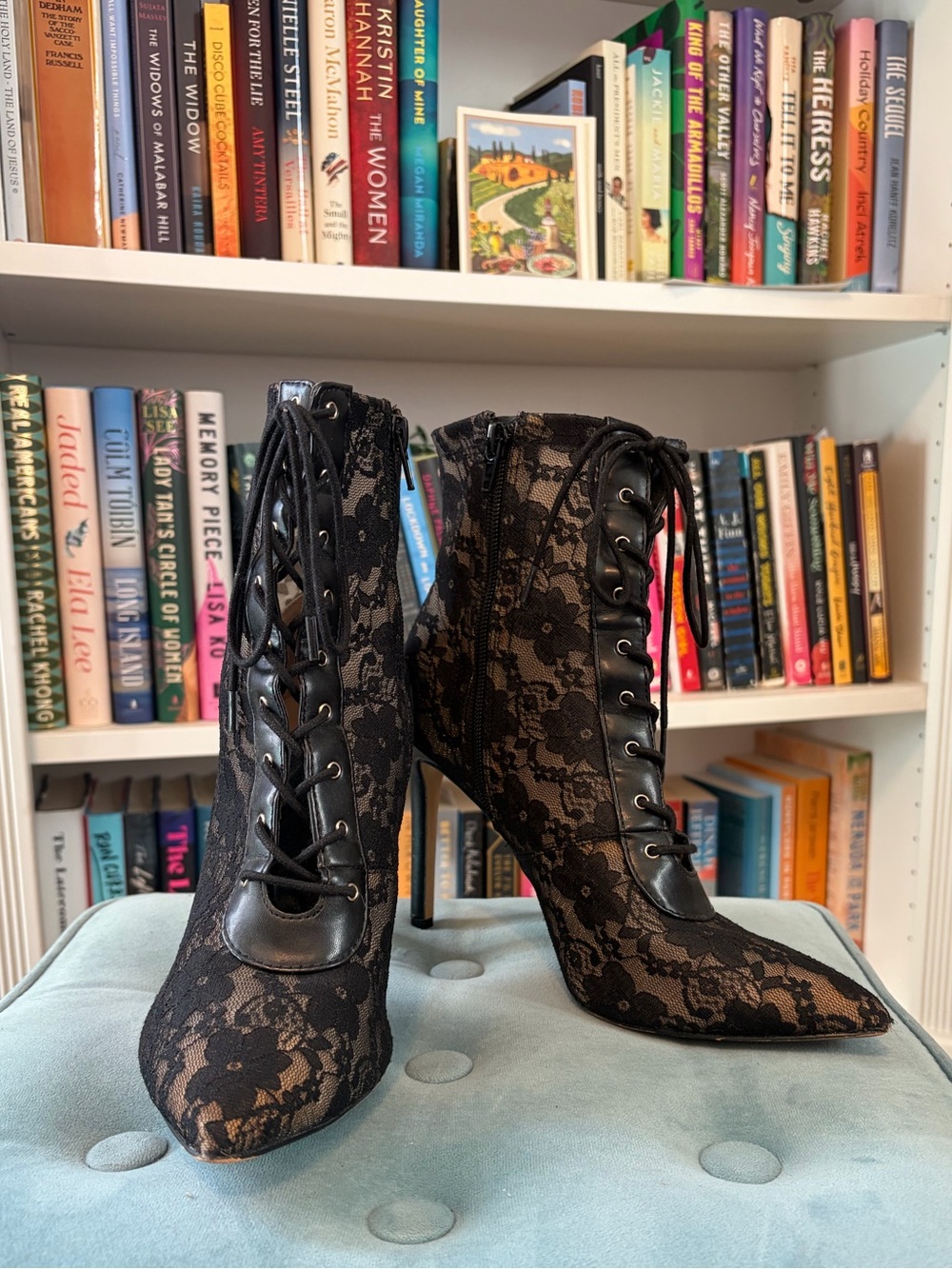 INC International Concepts Black Lace-Overlay Pointed Toe Stiletto Ankle Boots